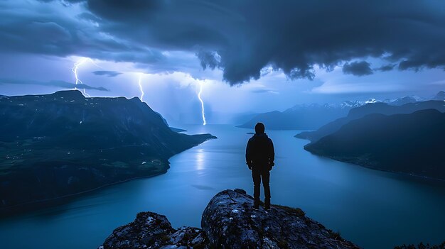 Un homme debout sur le rivage d'un fjord et regardant le ciel orageux