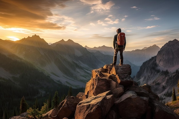 Un homme debout sur des rochers regardant le coucher de soleil derrière les montagnes aventure et exploration dans la nature sauvage
