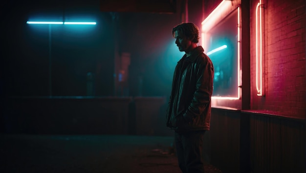 Un homme debout seul dans la rue, dans la ville sombre, dans l'atmosphère néon.