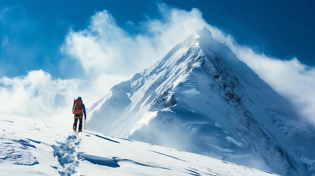 Un homme debout sur le sommet d'une montagne couverte de neige