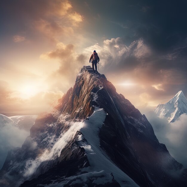 un homme debout sur un sommet de montagne avec le soleil derrière lui