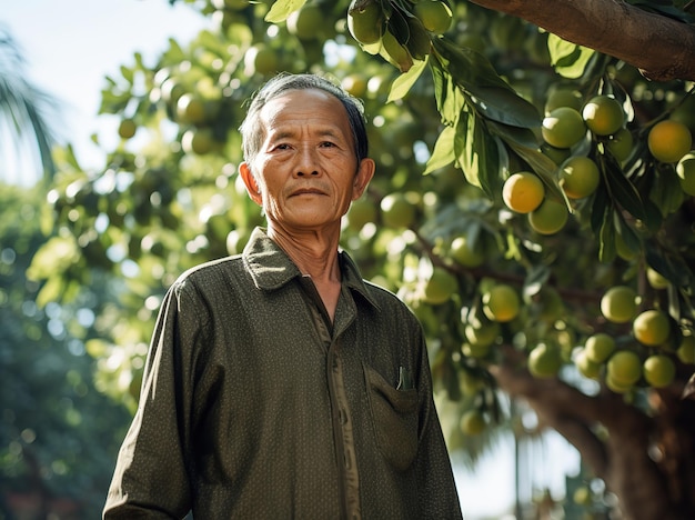 un homme debout sous un arbre avec des citrons dessus.