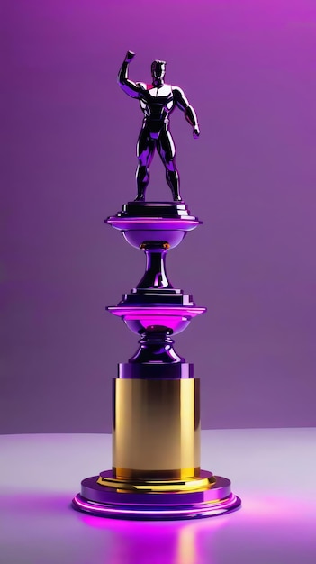 L'homme debout sur le trophée violet et or