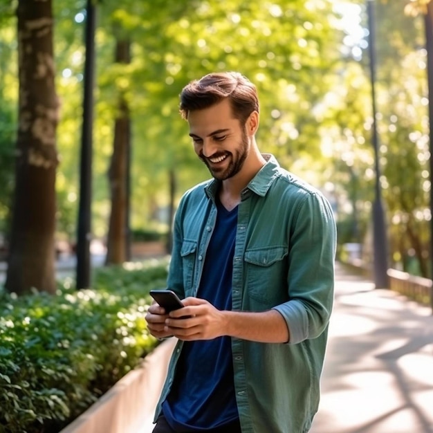 un homme debout sur un trottoir regardant son téléphone portable