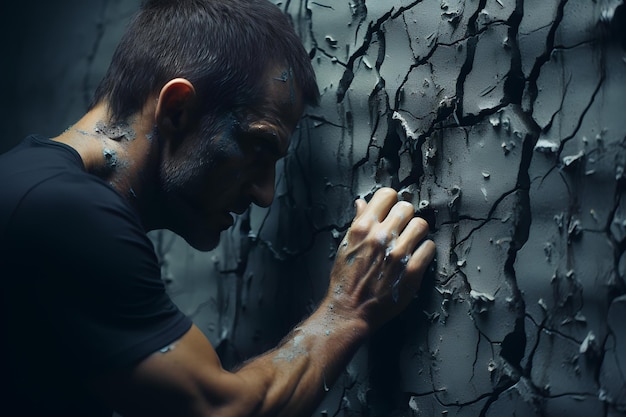 Un homme décolle la peinture d'un vieux mur.