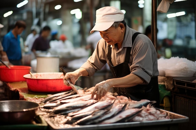 Un homme découpe du poisson au marché au poisson