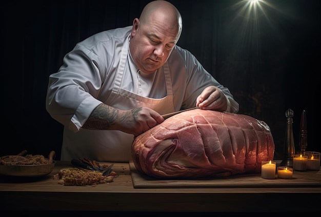 l'homme découpe un énorme jambon avec un couteau dans le style rose clair et or foncé