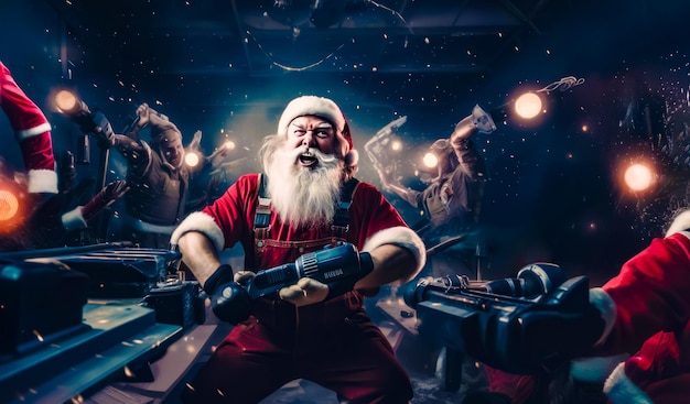 Un homme déguisé en Père Noël tenant une paire de perceuses dans ses mains IA générative