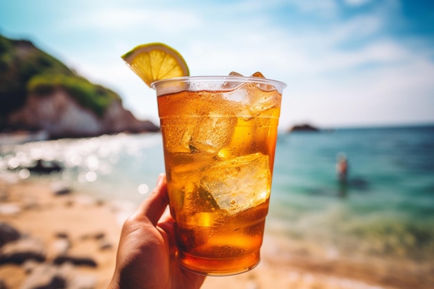 Un homme déguste du thé glacé de Long Island sur la plage du paradis pendant une journée ensoleillée d'été avec un espace de copie