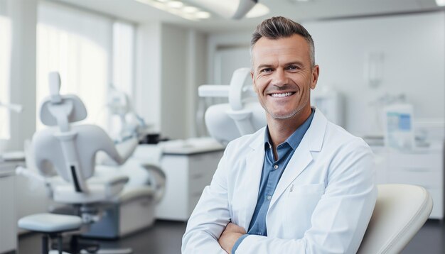 Homme dentiste souriant alors qu'il se tient dans une clinique dentaire Portrait de confiance d'un jeune dentiste travaillant