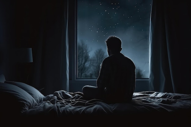 Un homme déprimé assis seul dans son lit près de la fenêtre