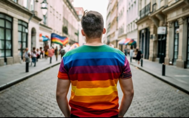 Un homme de derrière portant un t-shirt avec les couleurs du drapeau LGBT se promène dans un centre urbain