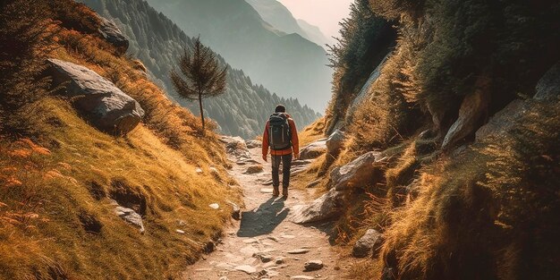 Photo un homme descend un chemin dans les montagnes.