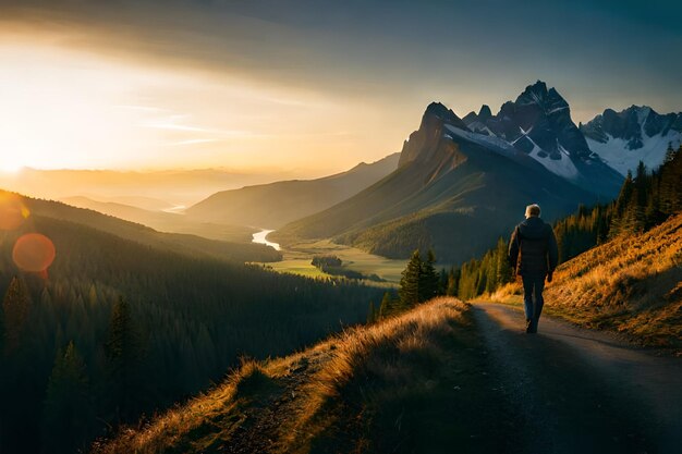 Un homme descend un chemin dans les montagnes.
