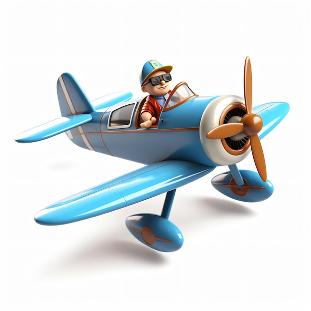 Homme de dessin animé 3D volant dans un avion rétro isolé