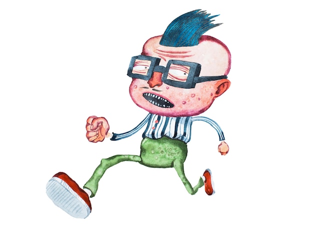 Homme de dessin animé d'âge moyen élégant dans des verres carrés avec une grosse tête et une coiffure de cowlick fuyant quelqu'un