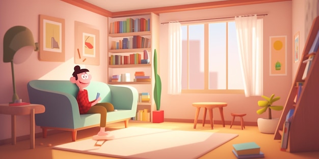 Homme de dessin animé assis sur un canapé dans un salon avec un livre génératif ai