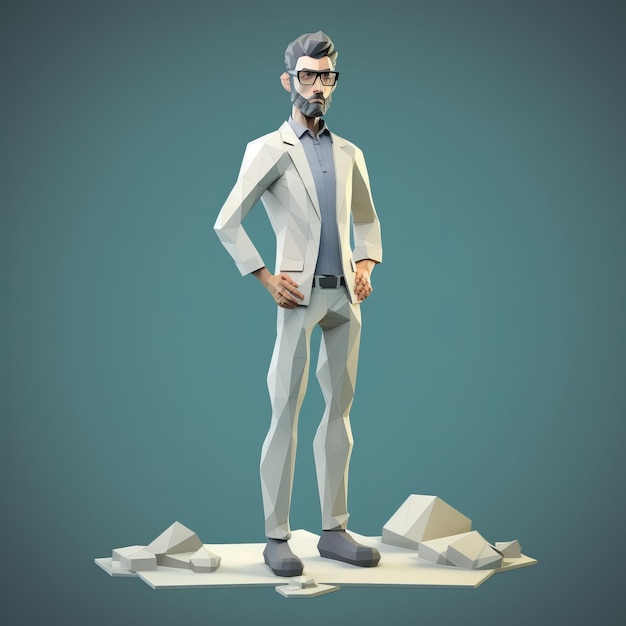 Homme de dessin animé en costume blanc illustration 3D avec fond bleu