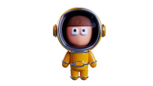 Homme de dessin animé dans une combinaison spatiale jaune astronaute vue frontale isolée sur fond blanc rendu 3D