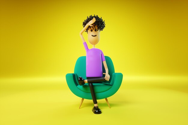Homme de dessin animé fatigué assis sur une chaise verte sur fond jaune. Rendez-vous chez un psychiatre, problèmes psychologiques, diplomatie, problèmes. Espace de copie, rendu 3D, illustration 3D.