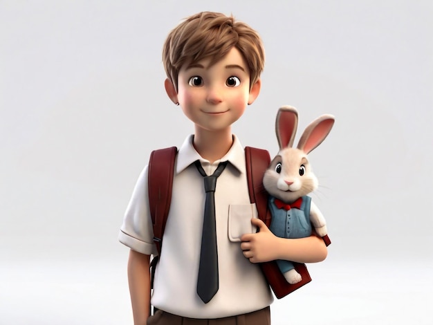 Homme de dessin animé heureux en 3D avec un lapin sur fond blanc