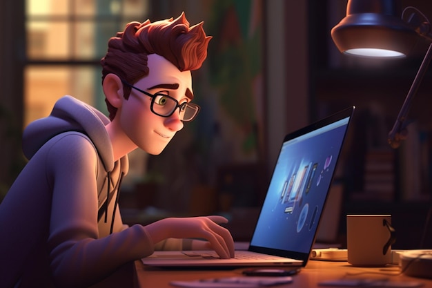 Photo un homme de dessin animé travaillant sur un ordinateur avec concentration