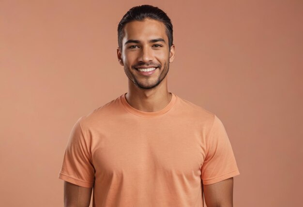 Photo un homme détendu dans un t-shirt pêche se tient casuellement sa posture suggérant confort et facilité