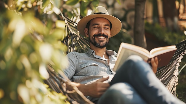 Photo un homme détendu lisant un livre dans un hameau au jardin ensoleillé