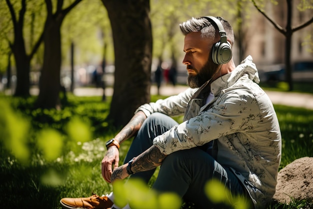 Homme détendu méditant écoutant un guide audio avec un casque dans la nature Illustration de l'IA générative