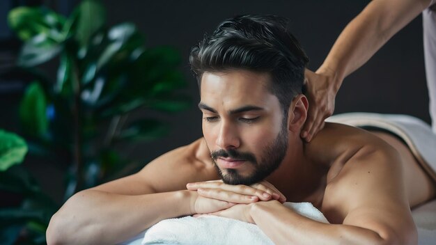 Photo un homme détendu recevant un massage de tête thaïlandais à base d'herbes au centre de bien-être