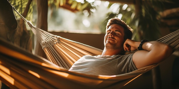 Photo un homme détendu se repose dans un hamac.