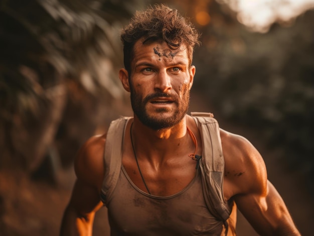 Photo un homme déterminé gravit un sentier de montagne escarpé