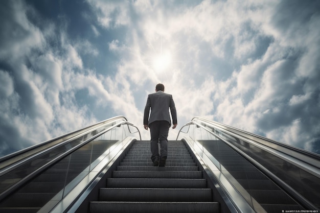 Un homme déterminé grimpe un escalier pour atteindre les possibilités illimitées du ciel Vue à angle bas d'un homme d'affaires montant sur l'escalier mécanique contre le ciel nuageux de la ville générée par l'IA