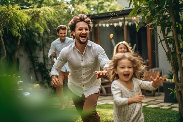 Un homme et deux enfants courent dans un jardin une famille heureuse joue dans le jardin