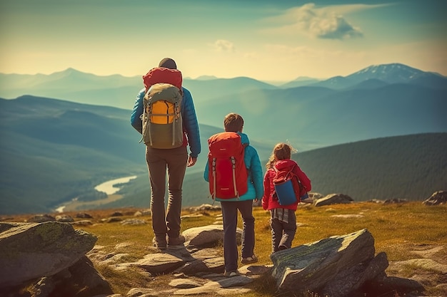 Un homme et deux enfants debout au sommet d'une montagne Image AI générative