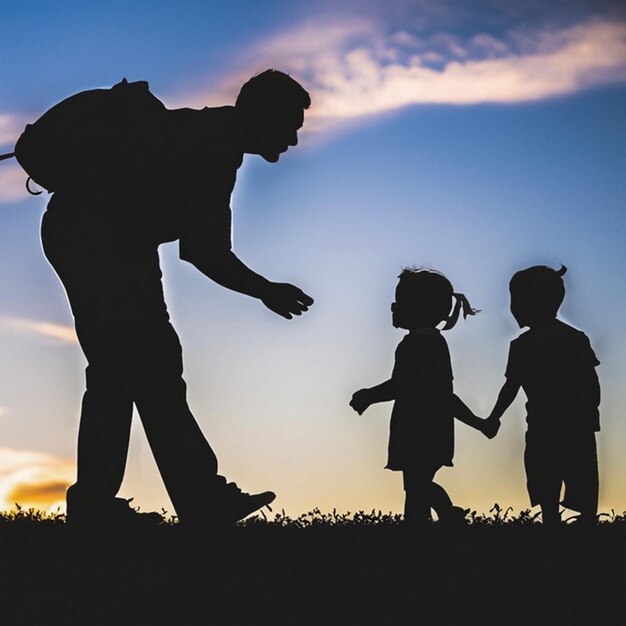 Photo un homme et deux enfants marchent dans un champ avec le ciel en arrière-plan.