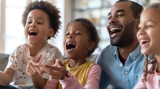 Photo un homme et deux enfants rient et rient