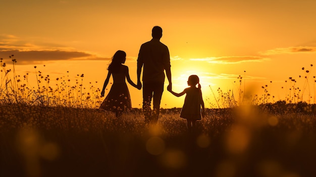 un homme et deux enfants se tenant la main dans un champ