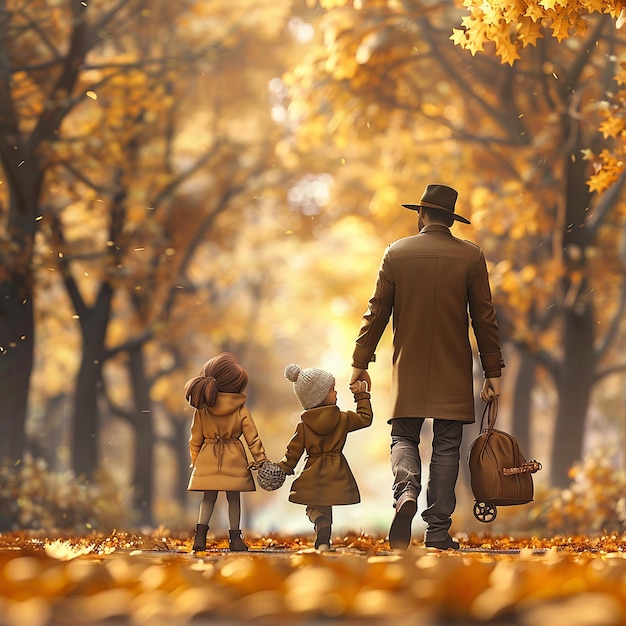 un homme et deux enfants se tiennent la main et une petite fille se promène dans le parc