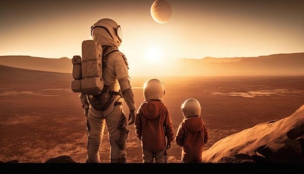 Un homme et deux enfants se tiennent sur une planète avec le soleil en arrière-plan.