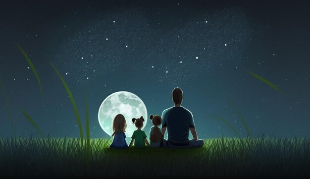 Un homme et deux enfants sont assis dans l'herbe et regardent la lune.