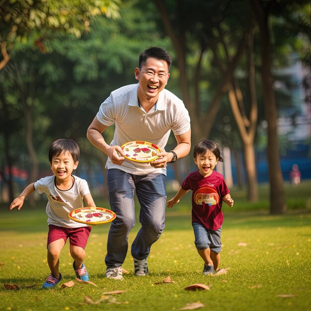 un homme et deux enfants tiennent des assiettes avec de la nourriture dans le parc