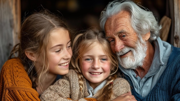 Un homme et deux filles sourient à la caméra.