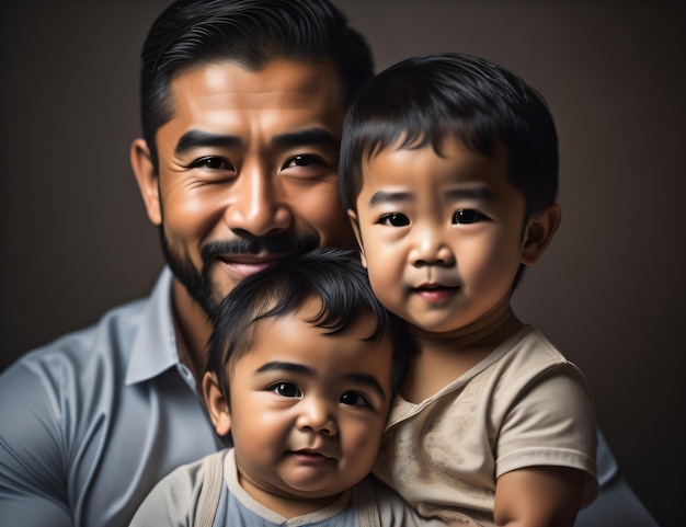 Un homme et deux garçons posent pour une photo avec une IA générative