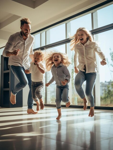 Photo un homme et deux petites filles sautent en l'air