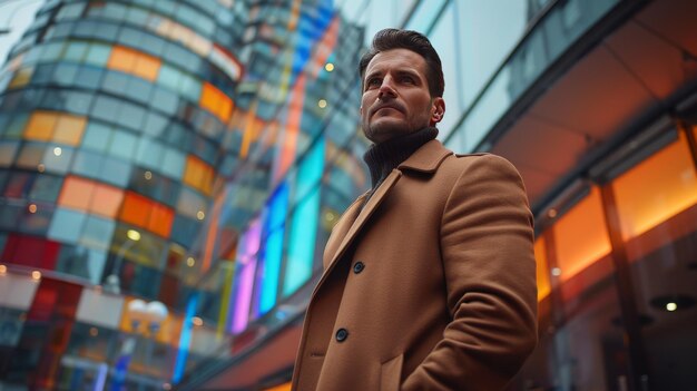 Un homme devant un étagère à vêtements