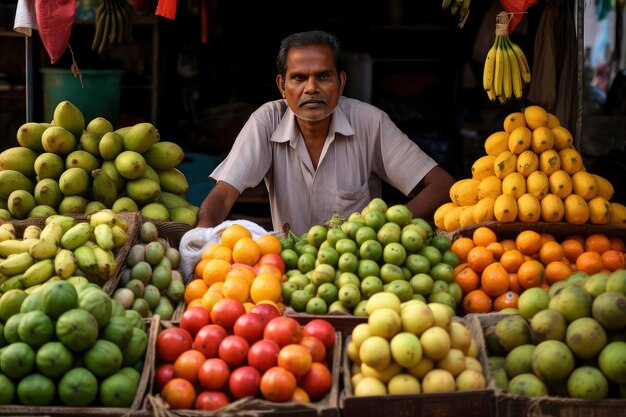 Un homme devant une exposition de fruits