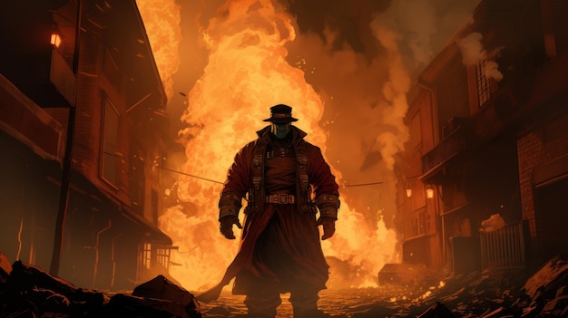 Un homme devant un grand feu