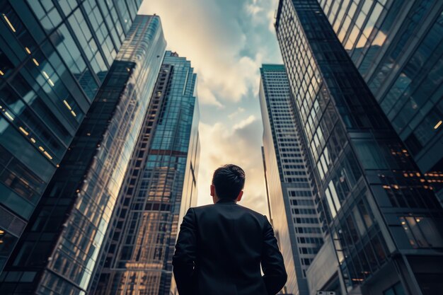 Un homme devant de hauts bâtiments