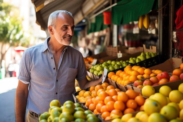 Un homme devant un stand de fruits au marché local